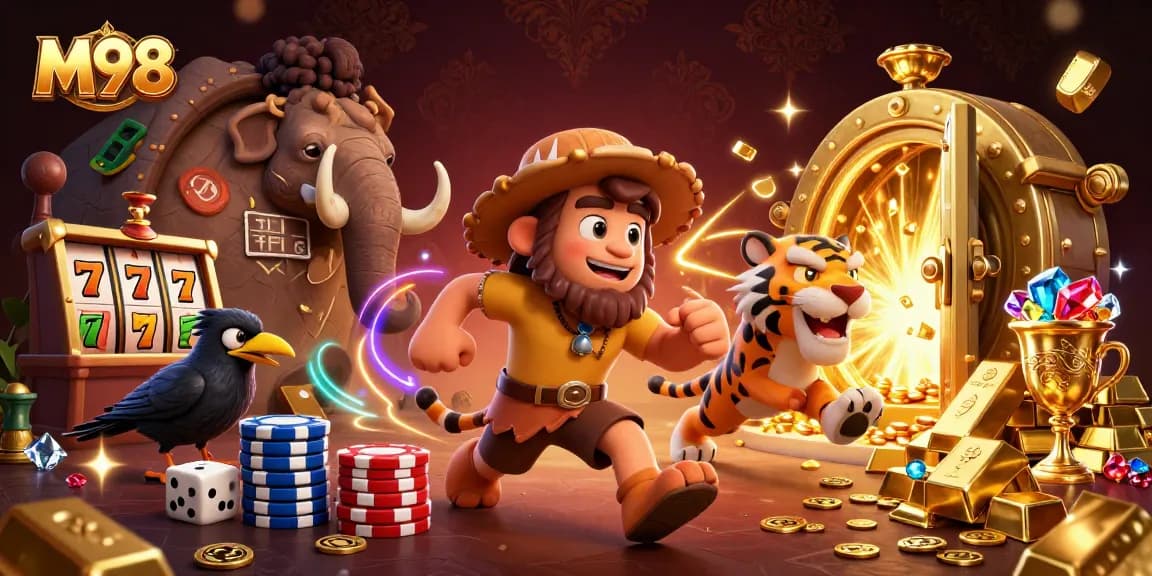 M98 players enjoy vibrant slot games in a prehistoric casino with engaging characters and dynamic visuals.