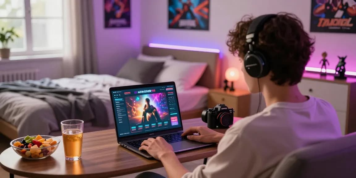 Engaging adult user playing html porn games in a cozy bedroom setting with vibrant LED lights.