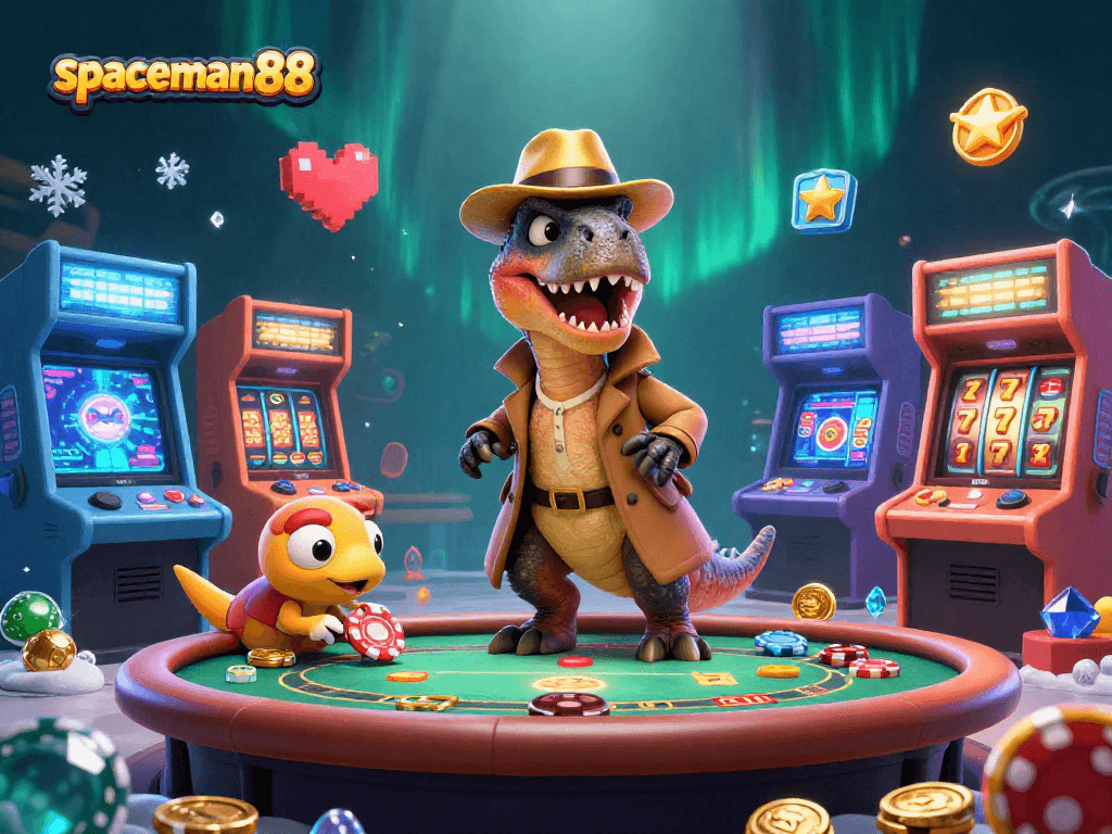 spaceman88 showcases a 3D velociraptor card counter at a blackjack table, amidst colorful casino elements.