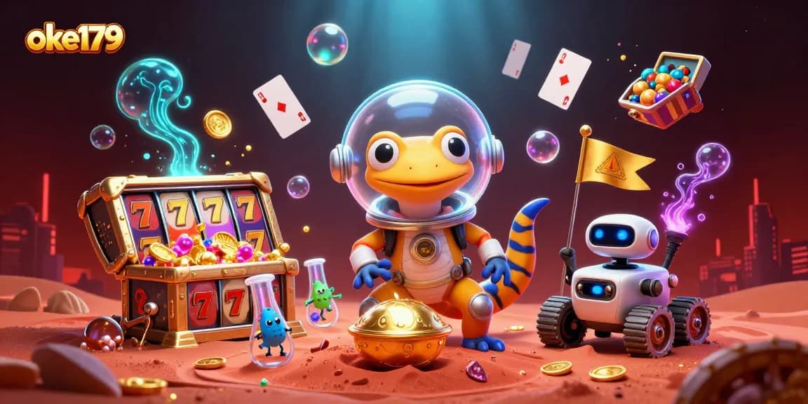 Experience the thrill of oke179 casino with vibrant slot reels and a Martian gecko in a colorful 3D scene.