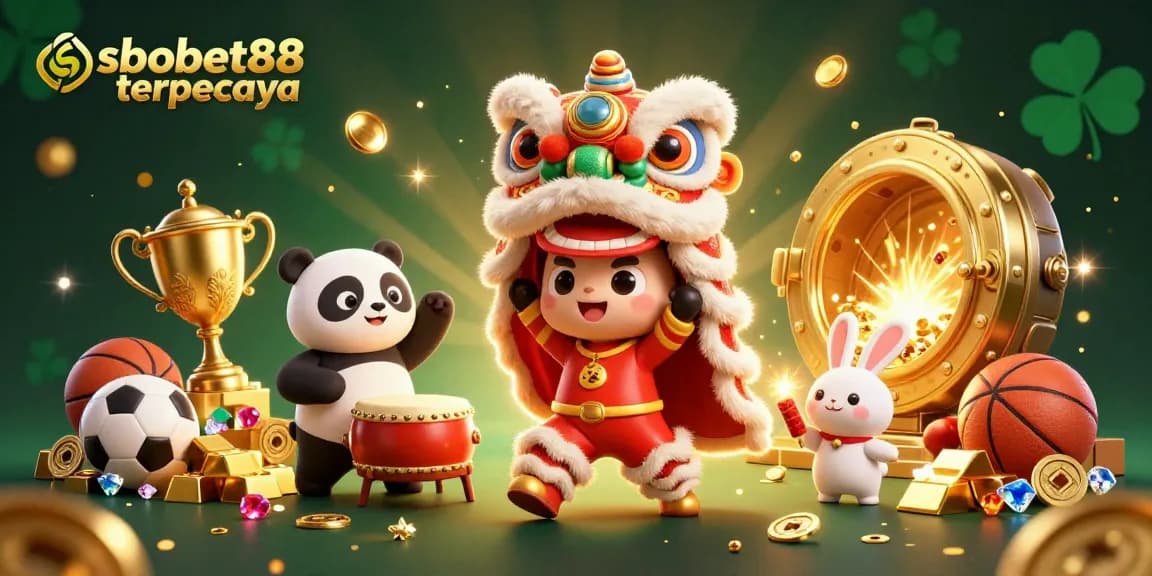 Experience sbobet88 terpercaya with dynamic sports betting action, featuring vibrant characters and gold treasures.