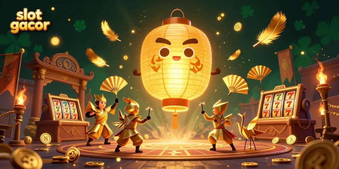 Experience thrilling slot gacor action with golden lanterns, warriors, and vibrant casino elements.