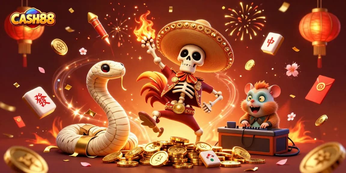 CASH88 celebrates a vibrant casino atmosphere with a 3D cartoon rooster dancing on coins surrounded by festive game elements.