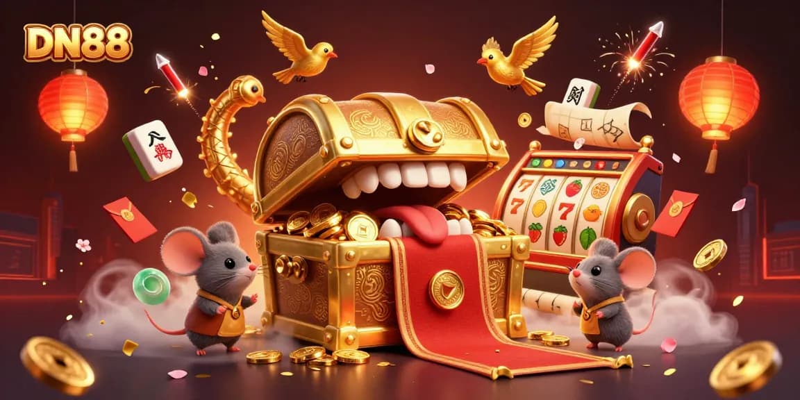 Engage in thrilling gameplay with DN88, featuring a treasure chest lure amidst slot reels and festive decorations.
