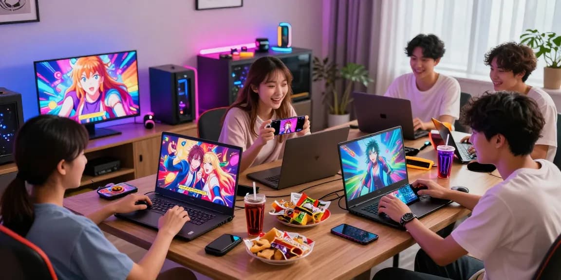 Players enjoying vibrant hentai games on multiple devices in a lively gaming environment.