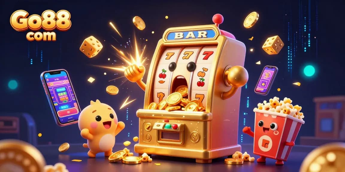Experience big wins at Go88 com with animated slots celebrating jackpots and cheerful casino atmosphere.