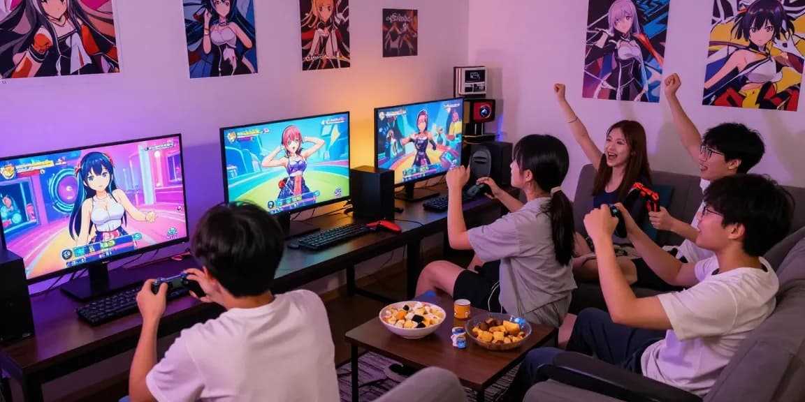 Friends enjoying an ecchi game together, lively gaming atmosphere.