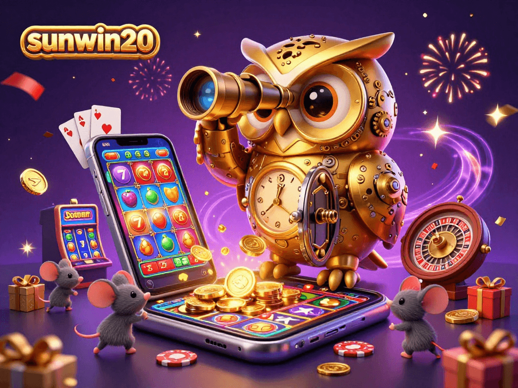 Spin to win with sunwin20 in this vibrant 3D casino scene featuring lucky symbols and action elements.