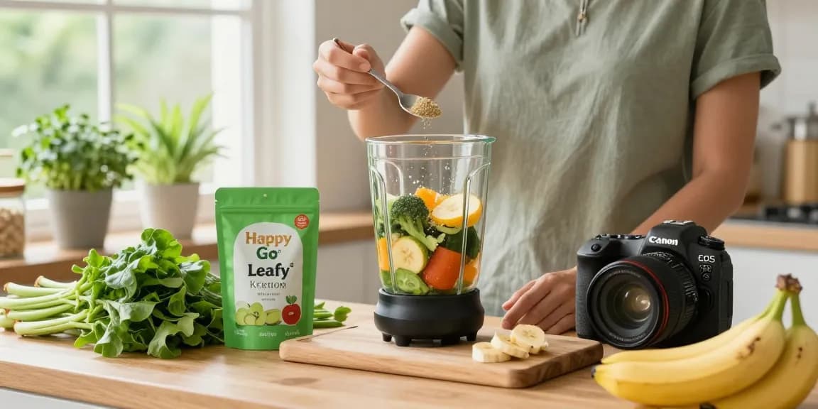 Happy Go Leafy Kratom powder being used in a healthy beverage preparation scene.
