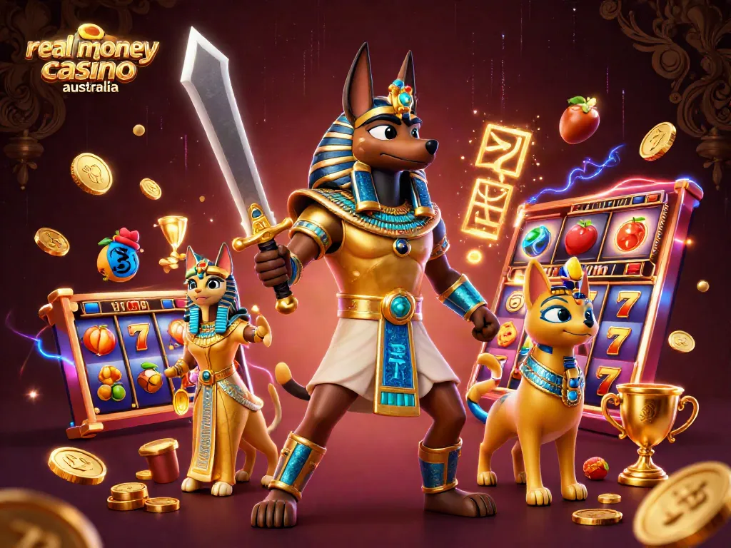 Experience the excitement of real money casino Australia with this vibrant 3D illustration featuring Anubis and slot reels