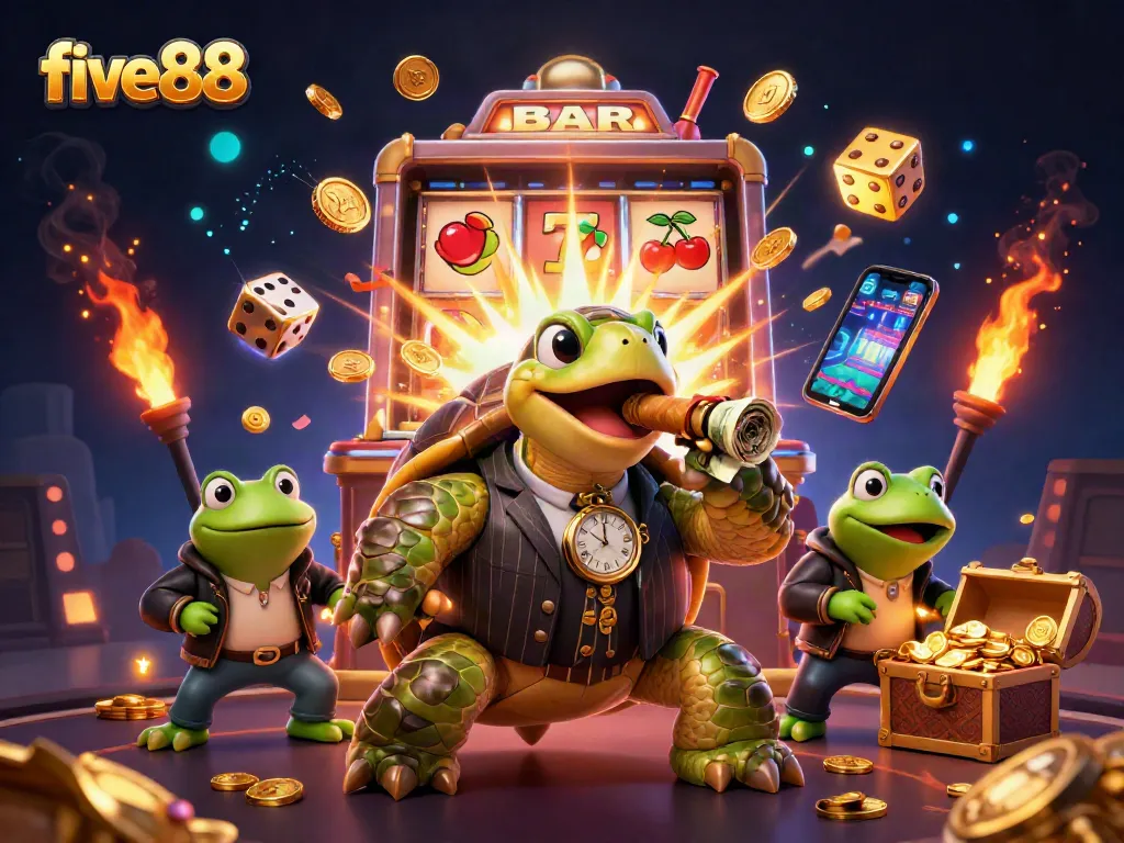 Experience the excitement of five88 with a vibrant illustration featuring a mobster turtle and dynamic casino elements.