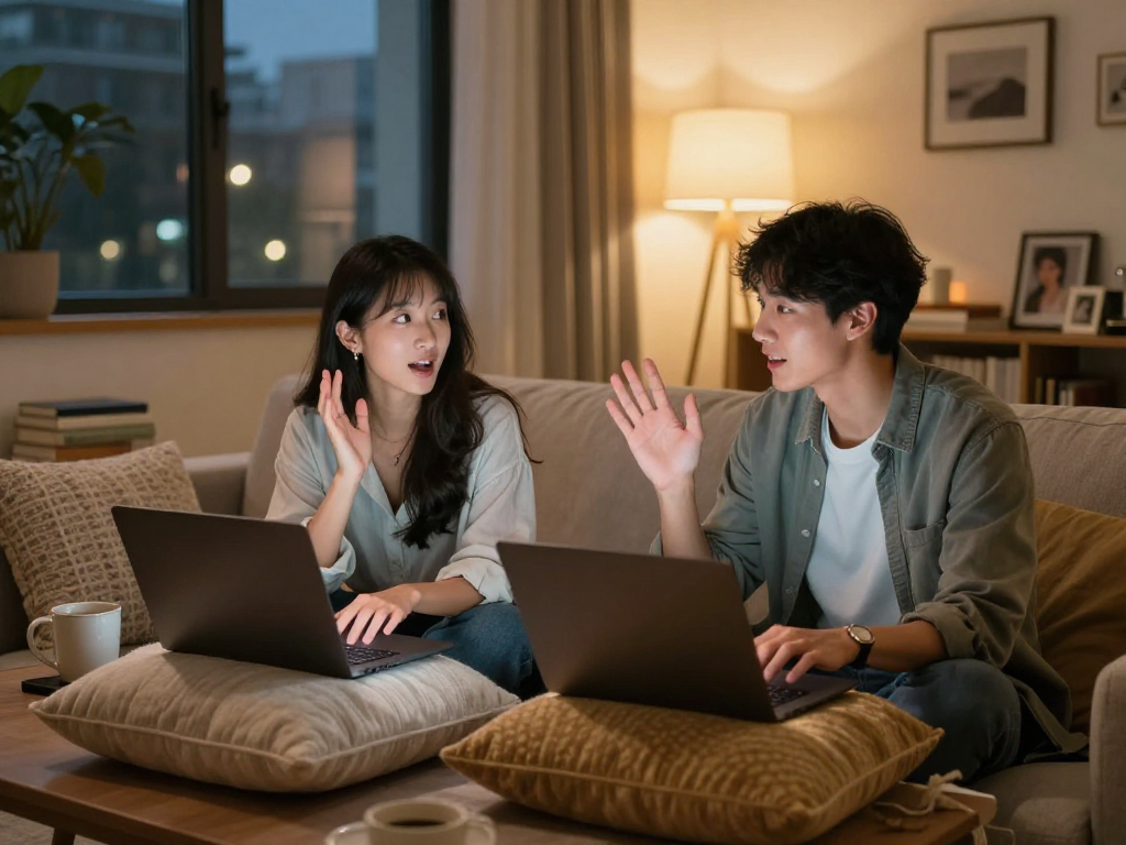 Individuals enjoying an ai sex chat in a cozy modern living room setting.