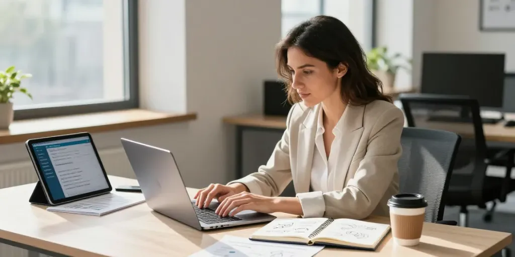 Buy .co.uk domain with confidence in a modern office setting, showcasing a professional researching options for online business.