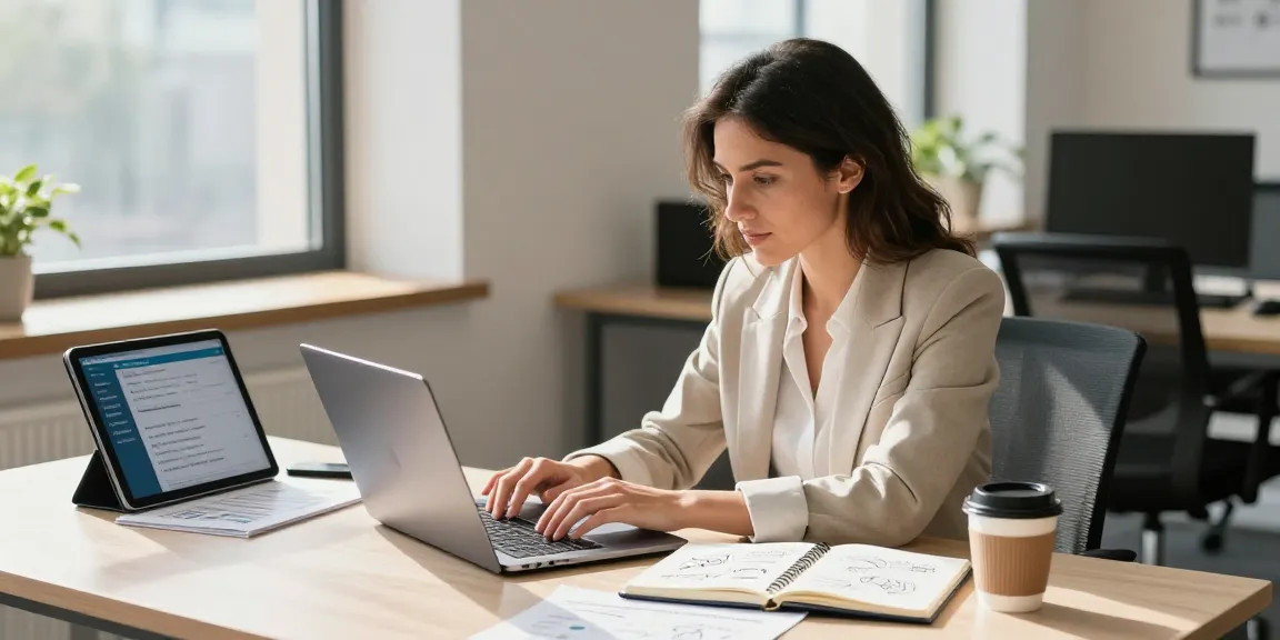 Buy .co.uk domain with confidence in a modern office setting, showcasing a professional researching options for online business.