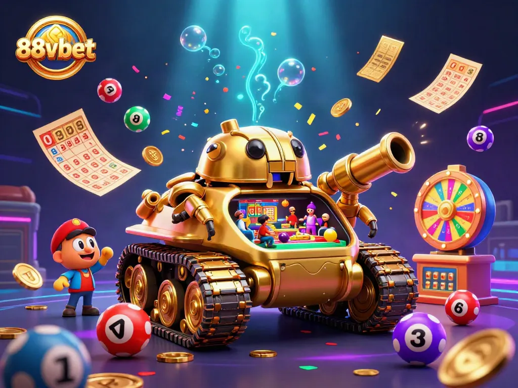 Experience thrilling play at 88vbet with a vibrant casino illustration bursting with game elements.