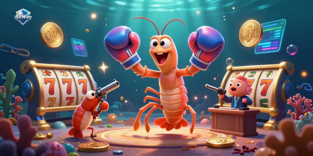 Experience thrilling gameplay at 88Win with vibrant slot machines and cryptocurrency elements in a captivating underwater scene.