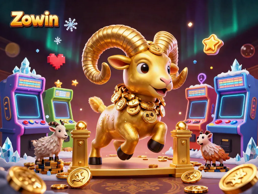 Zowin showcases a golden ram charging through a casino-themed scene filled with arcade game elements.