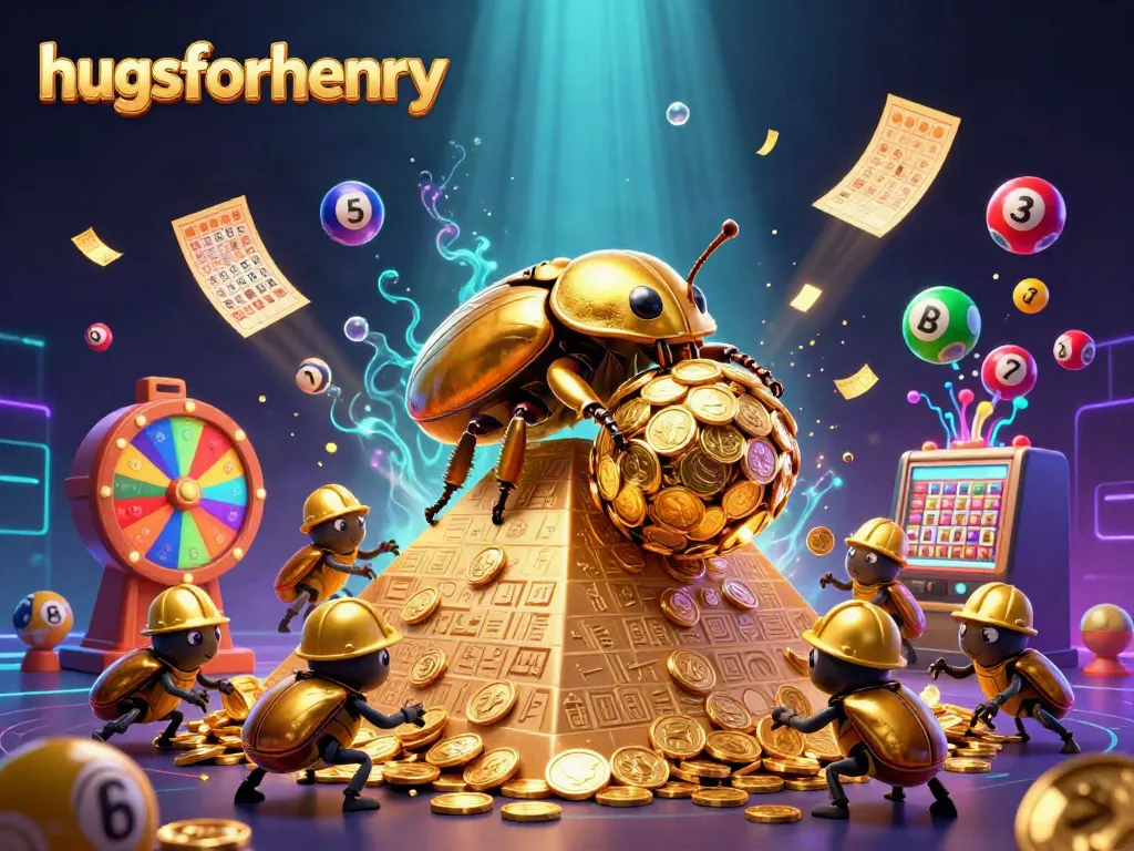 Engage with the vibrant scene full of lottery elements and the character "hugsforhenry" promoting exciting gameplay.