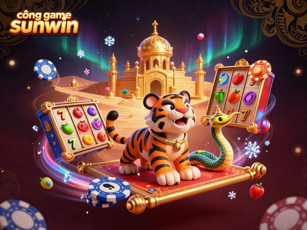 Experience excitement with cổng game sunwin featuring dynamic slots elements in a vibrant 3D scene.