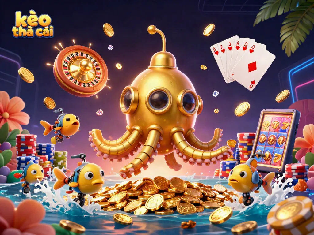 Engage with kèo nhà cái in this vibrant scene featuring golden kraken and gold coins in a casino setting.