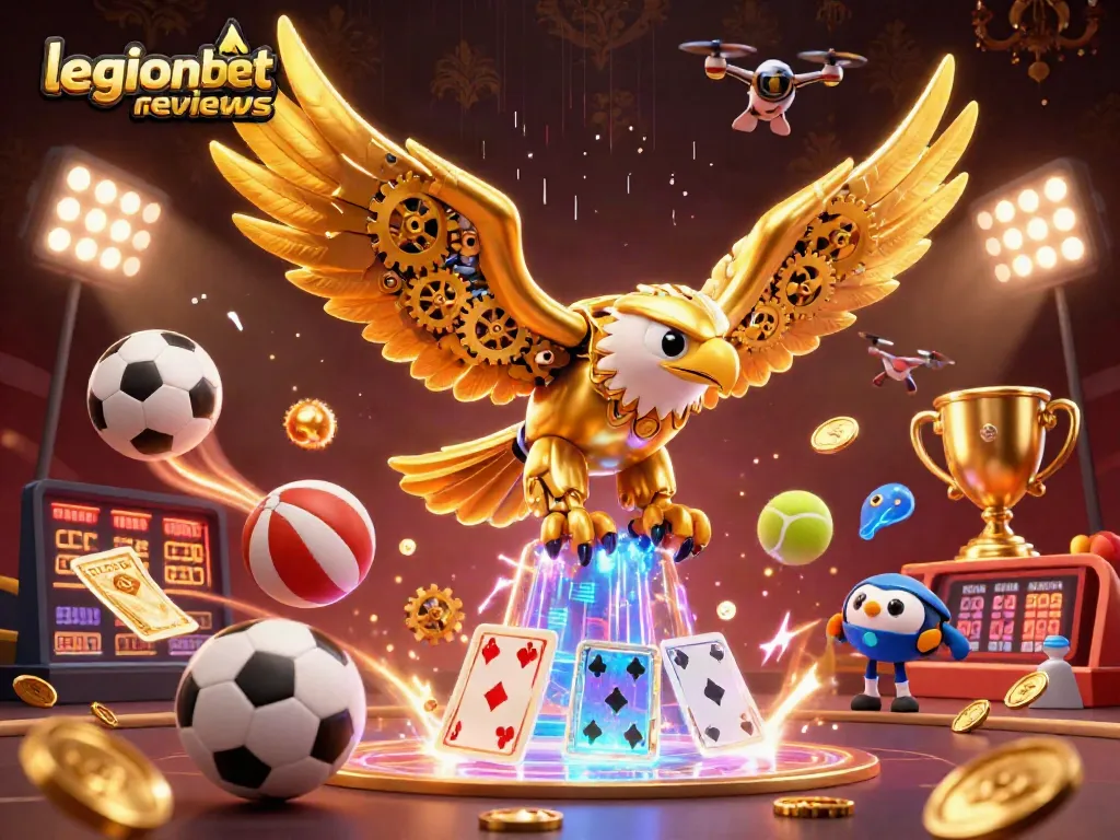 Experience the excitement at LegionBet reviews with a thrilling 3D casino illustration featuring a golden eagle and sports elements.
