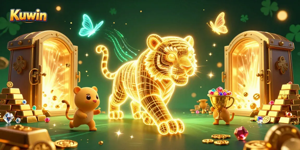 Kuwin's engaging casino experience features a striking golden tiger surrounded by vibrant gaming elements.