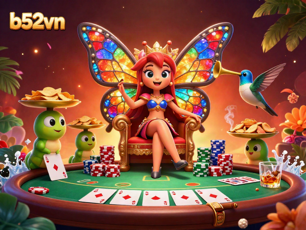 Experience vibrant gaming at b52vn with a butterfly queen and poker elements in a festive casino illustration.