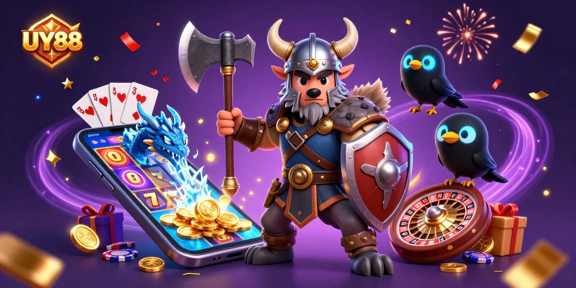 Experience thrilling gaming with UY88's vibrant 3D casino scene featuring dynamic characters and slot games.