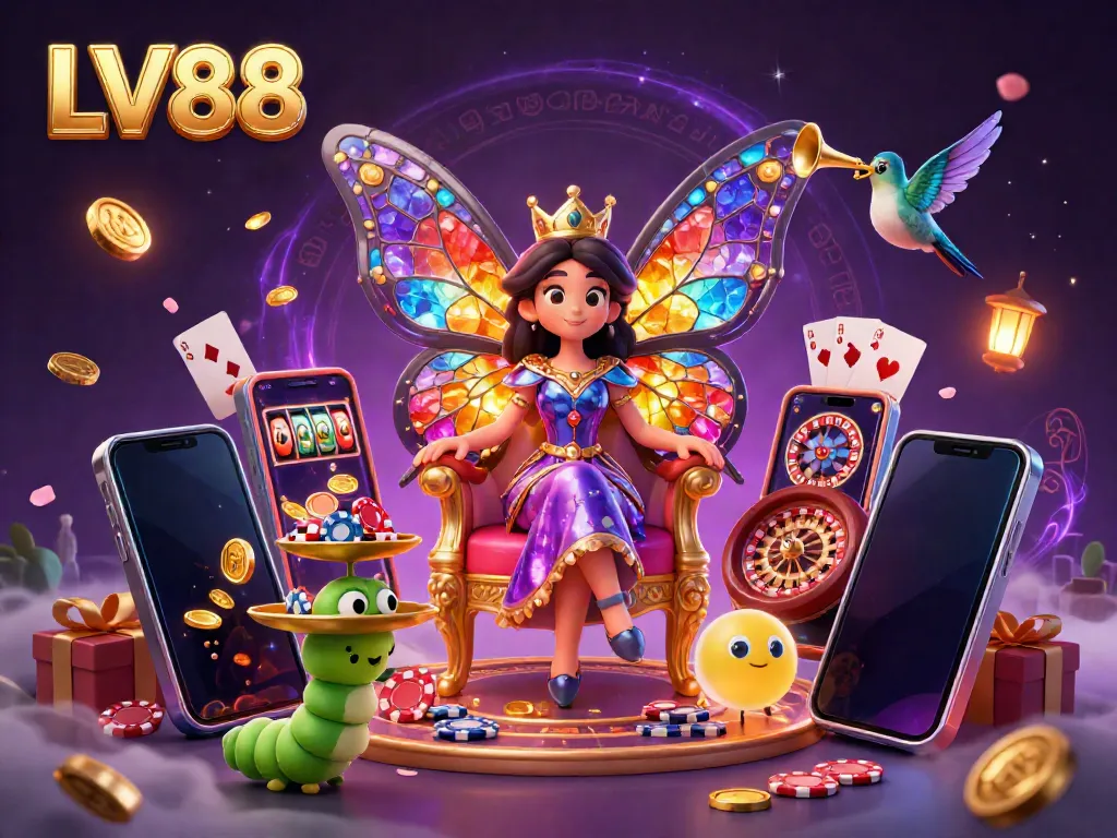 Experience the thrill of LV88 gaming with a vibrant 3D scene showcasing butterflies and casino elements.