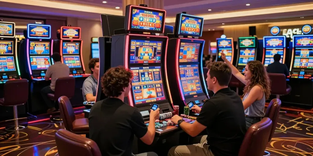 Exciting casino scene with players at slots that accept credit cards, vibrant lights and dynamic atmosphere.