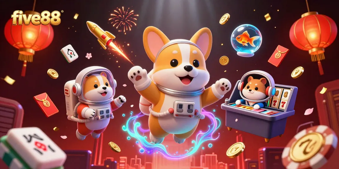 Experience thrills with five88 in a vibrant 3D casino scene featuring unique characters.