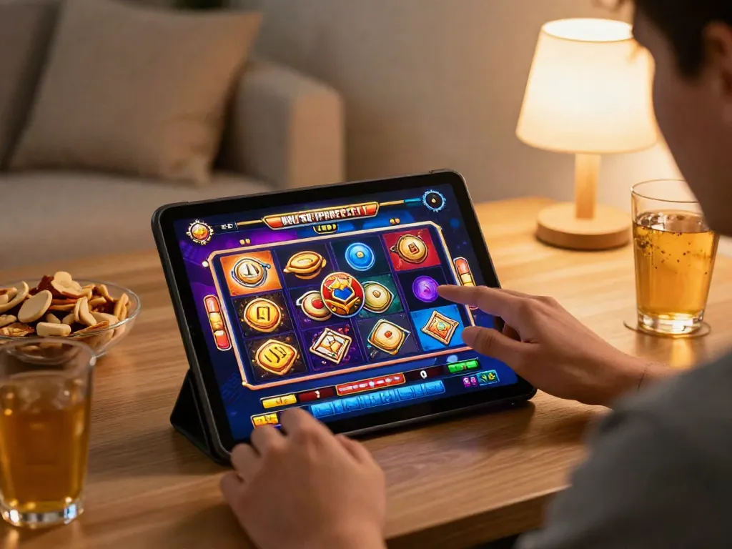 Engaged player enjoying interactive slots at casinos that accept credit cards in a cozy home setting.