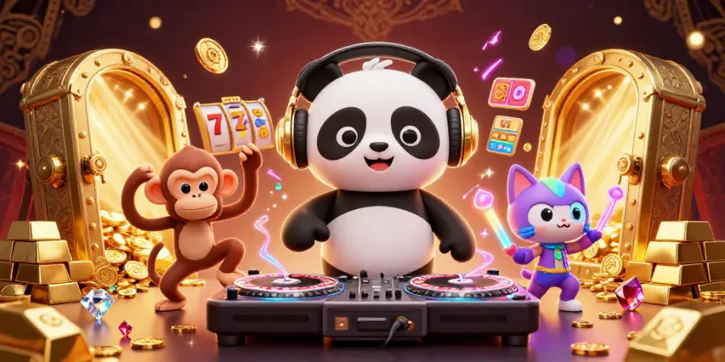 Engaging 3D scene with a DJ panda and dancing monkey celebrating 23WINx jackpots.