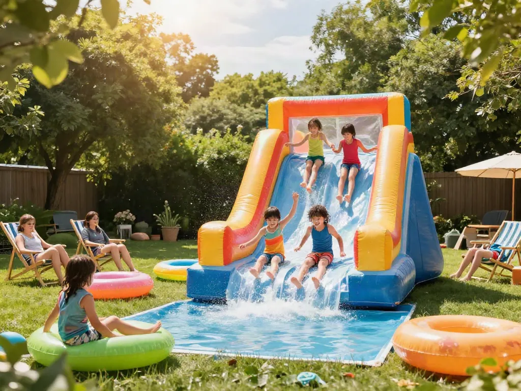 Kids sliding in the water on a vibrant inflatable slide during summer fun.