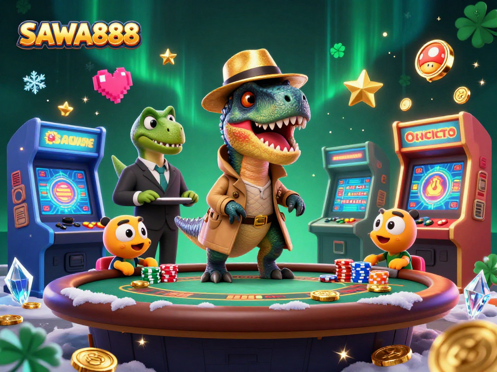 SAWA888 offers thrilling gameplay with a velociraptor at a blackjack table surrounded by vibrant casino elements.