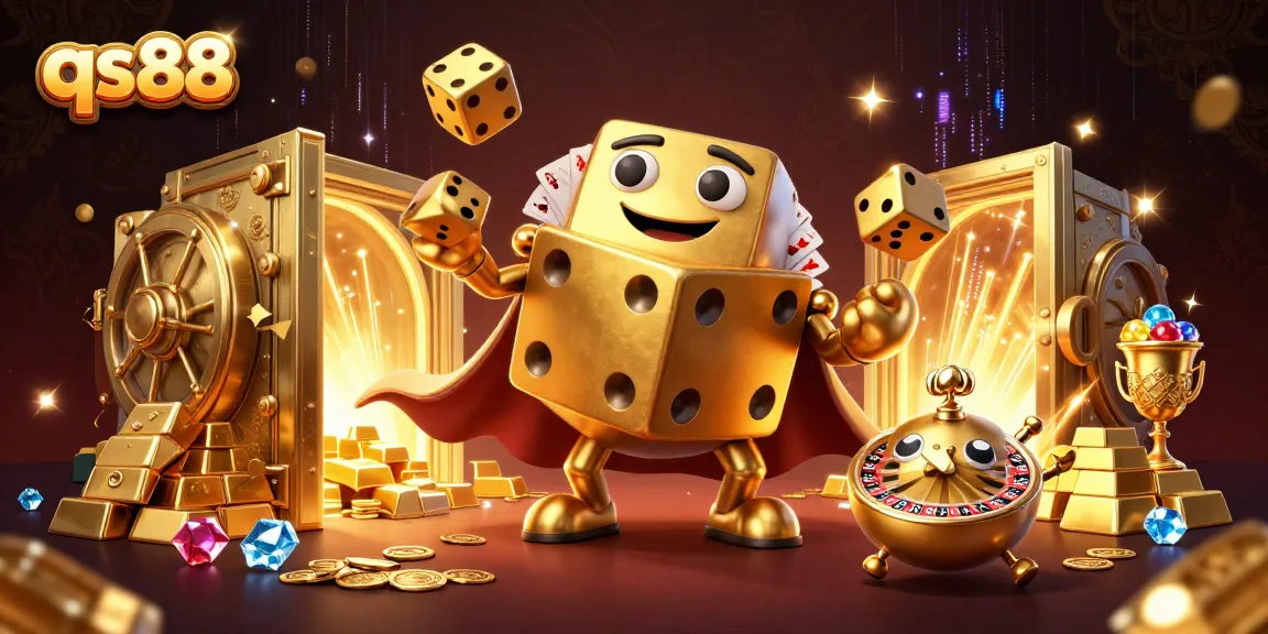 Experience thrilling gaming with qs88's vibrant 3D casino illustration showcasing golden dice and riches.