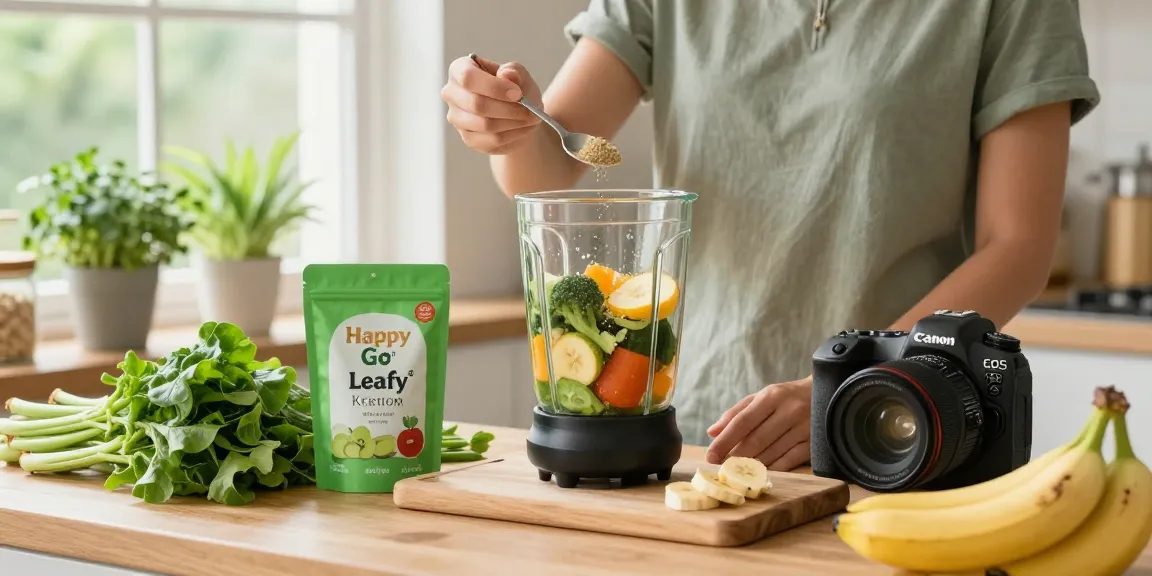 Happy Go Leafy Kratom powder being used in a healthy beverage preparation scene.