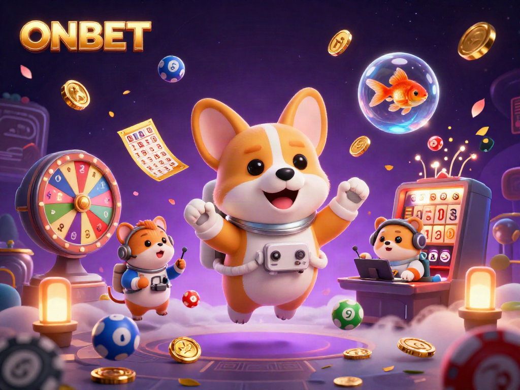 Bet big with ONBET in a vibrant casino space station featuring quirky characters and dynamic game elements.