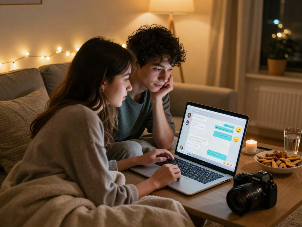 Engaging ai sex chat scene with a couple enjoying a cozy conversation at home.