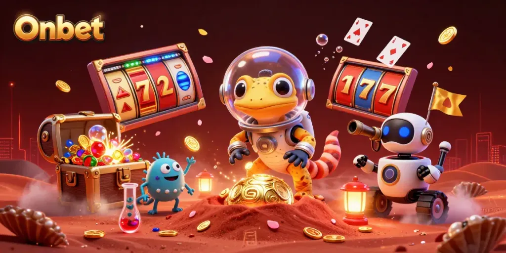 Experience Onbet's vibrant casino adventure with a Martian gecko and treasures galore.