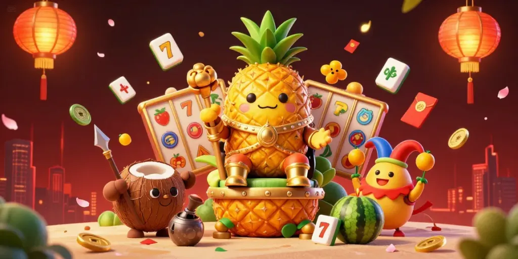 Experience thrilling casino action with the vibrant zowin illustration showcasing a pineapple king and festive decor.