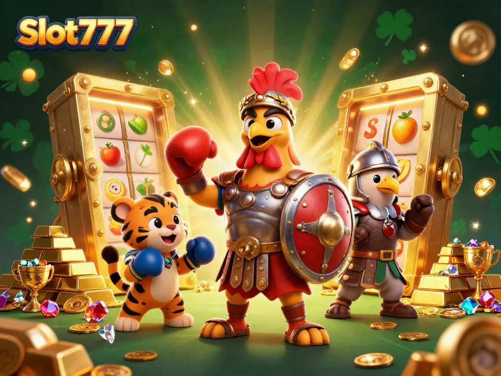 Experience Slot777 excitement with a gladiator rooster, jackpot symbols and treasures in a vibrant casino scene.