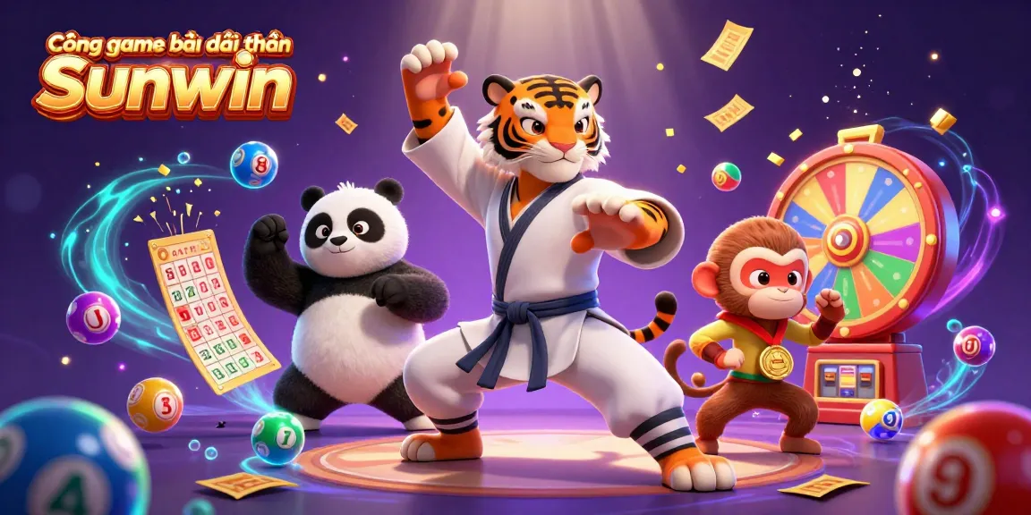 Cổng game bài đổi thưởng Sunwin showcases a 3D martial arts scene with vibrant lottery elements for thrilling gaming excitement.