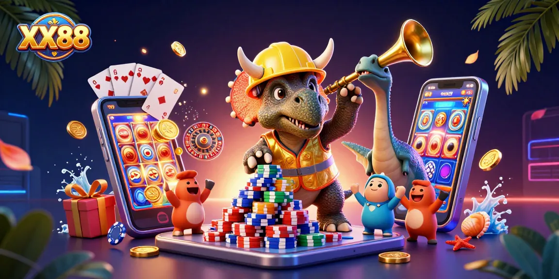 Engage with thrilling XX88 gaming visuals featuring a triceratops and poker elements celebrating wins.