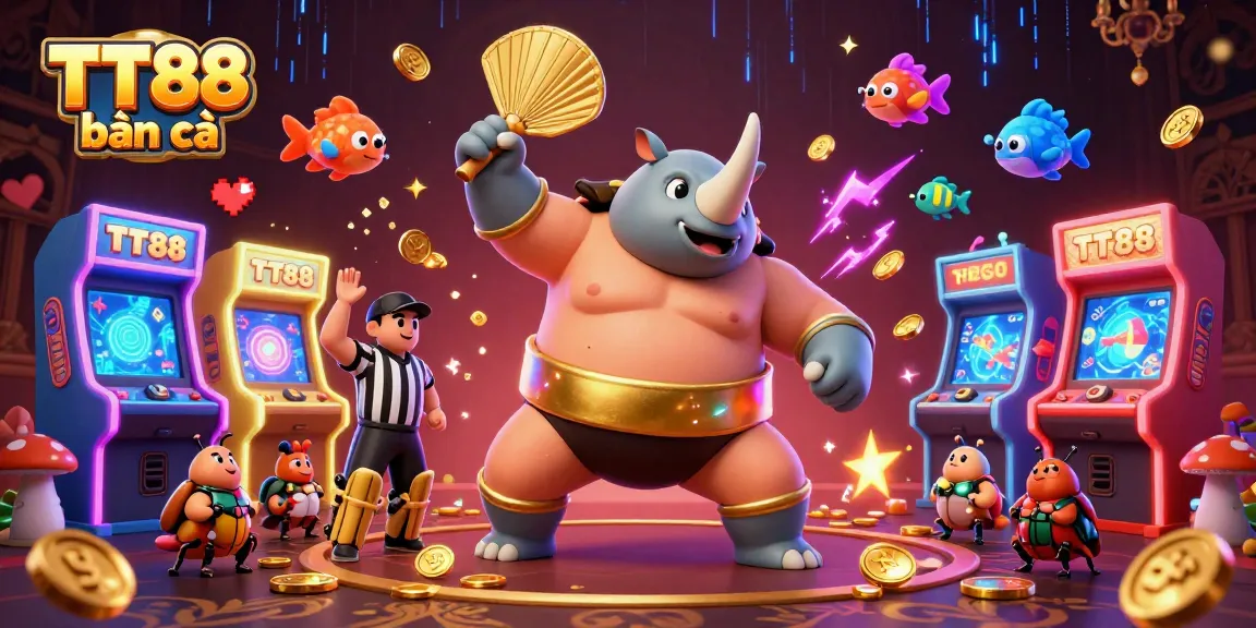 Experience thrilling action with TT88 bắn cá as the champion rhinoceros beetle wins big in a vibrant arcade setting.