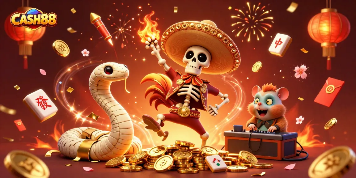 CASH88 celebrates a vibrant casino atmosphere with a 3D cartoon rooster dancing on coins surrounded by festive game elements.