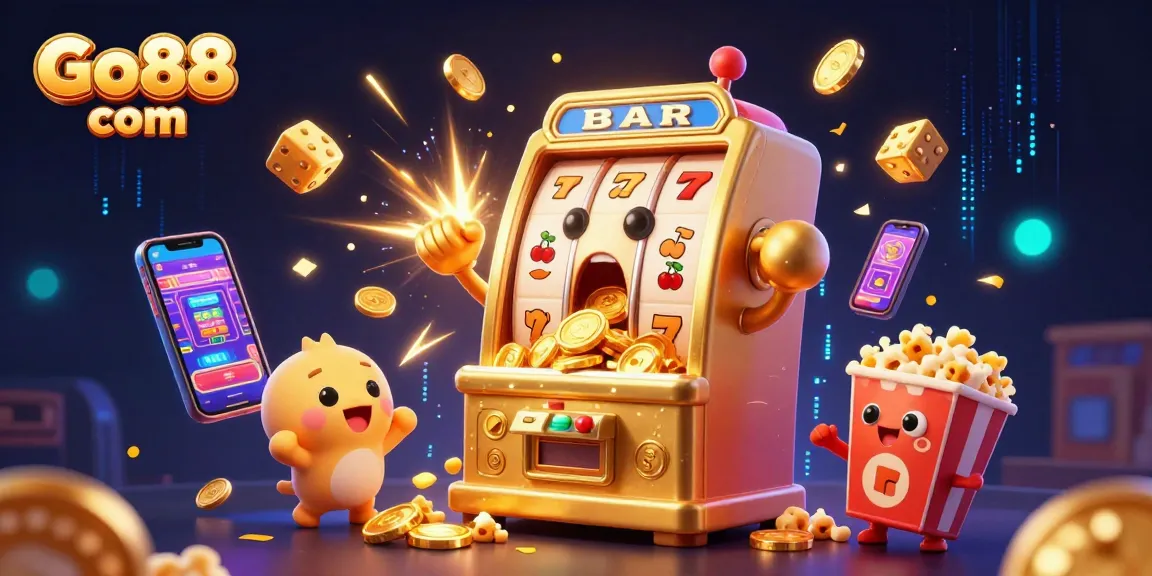 Experience big wins at Go88 com with animated slots celebrating jackpots and cheerful casino atmosphere.