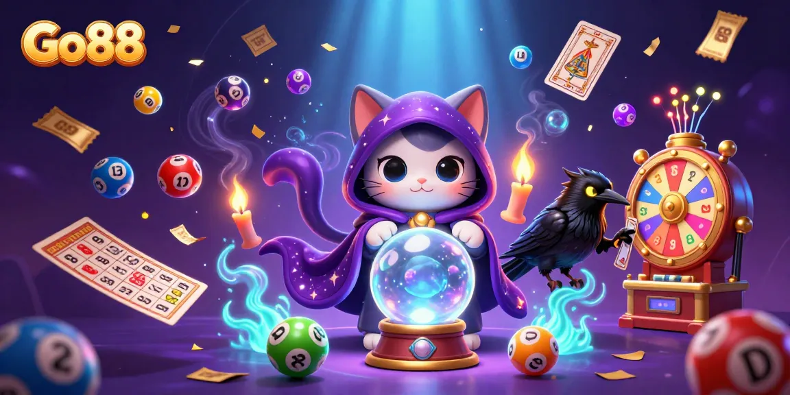 Go88 energizes players with lottery elements and a mystical cat in a colorful casino illustration.