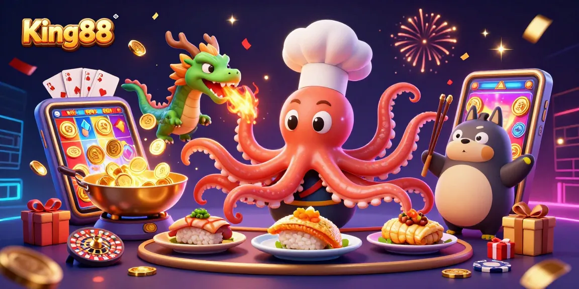Experience exciting wins with King88 in a vibrant casino scene featuring playful characters and gaming elements.