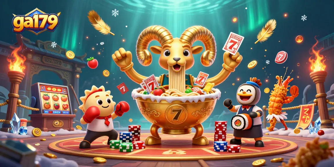 Experience thrilling gaming action with ga179's vibrant casino scene featuring giant ramen bowl characters.